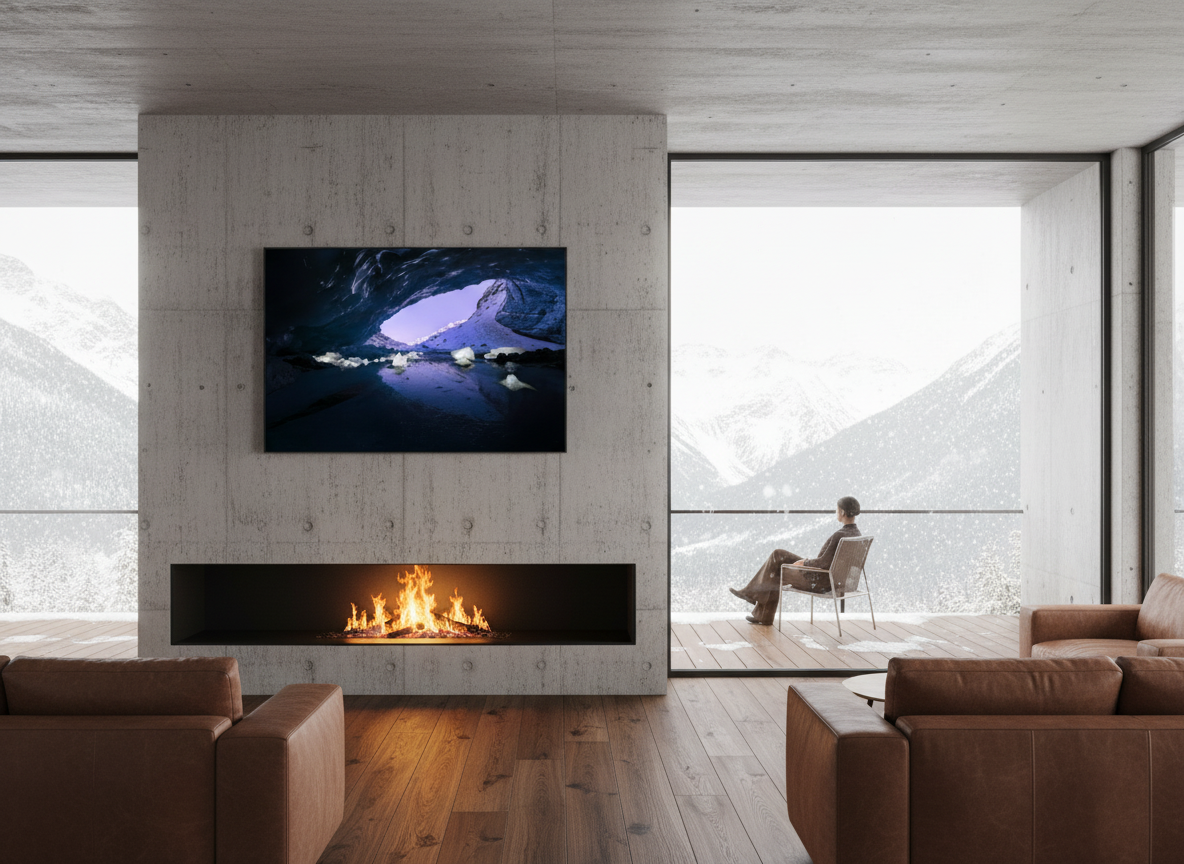 150 x 100 cm, verre acrylique 2mm sur cadre aluminum black 25 mm Eclats, Zinal, 2023