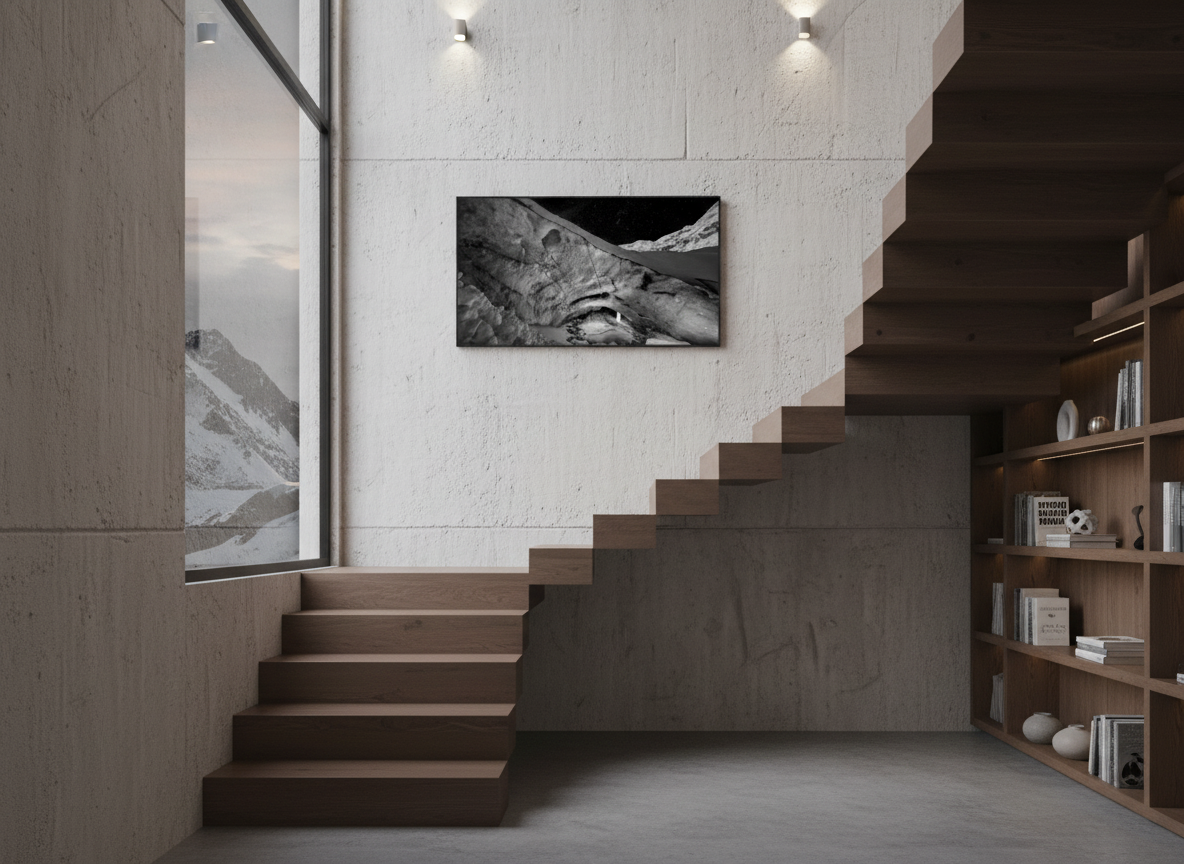 109.2 x 60 cm, verre acrylique 2mm sur cadre aluminum black 25 mm La dent du géant, Zinal, 2024