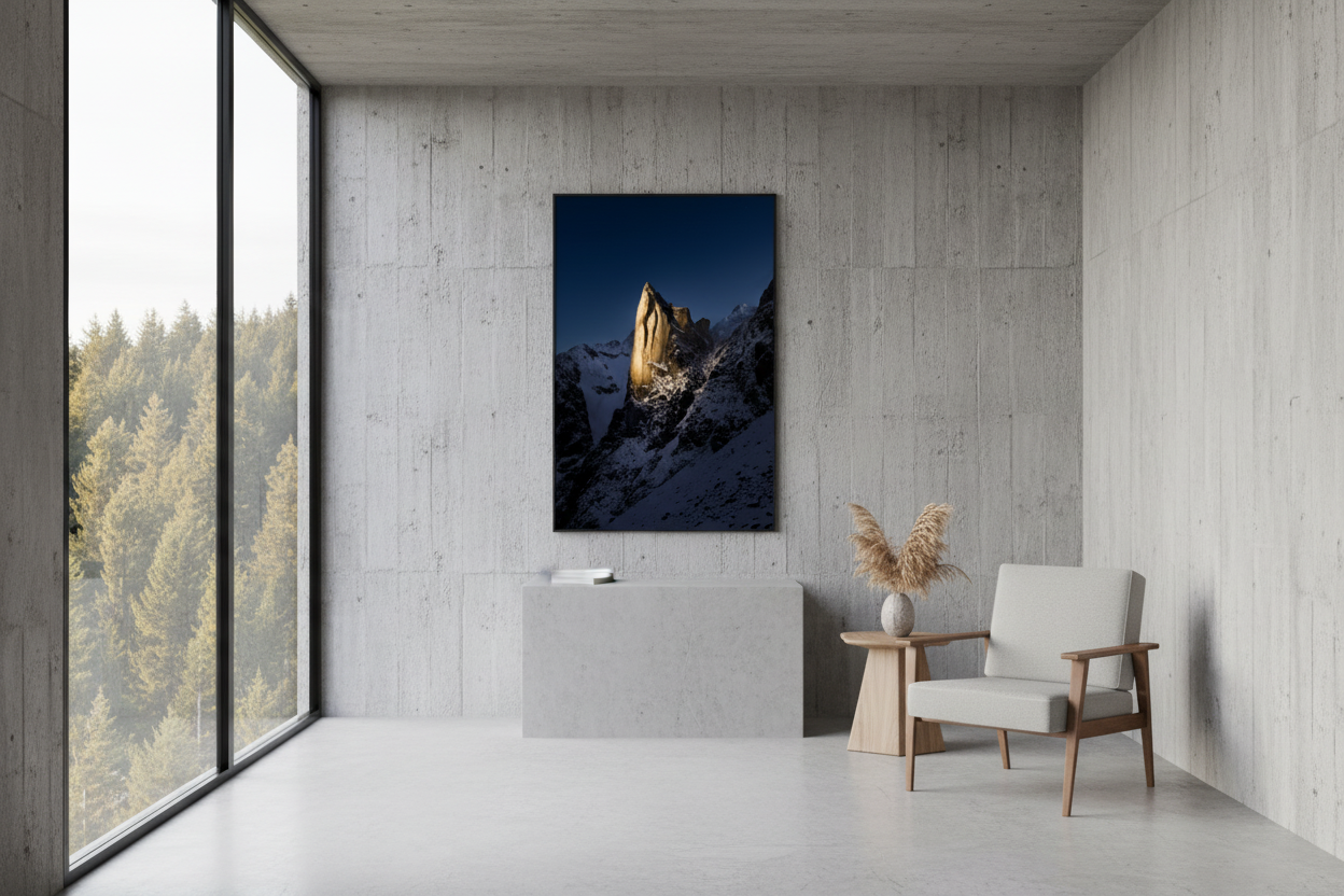 70 x 105 cm, verre acrylique 2mm sur cadre aluminum black 25 mm Clocher du Portalet sur fond bleu, 2025