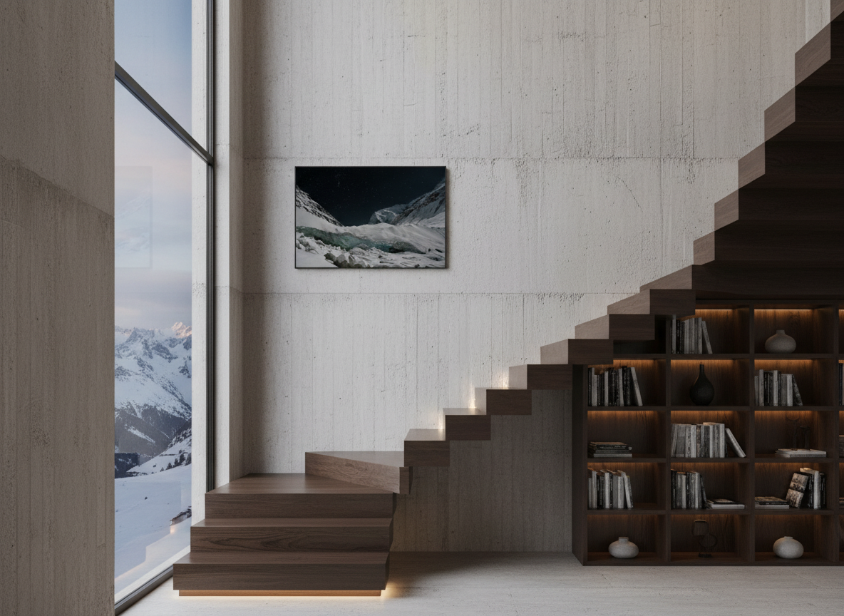 90 x 60 cm, verre acrylique 2mm sur cadre aluminum black 25 mm Le colosse endormi, Zinal, 2024