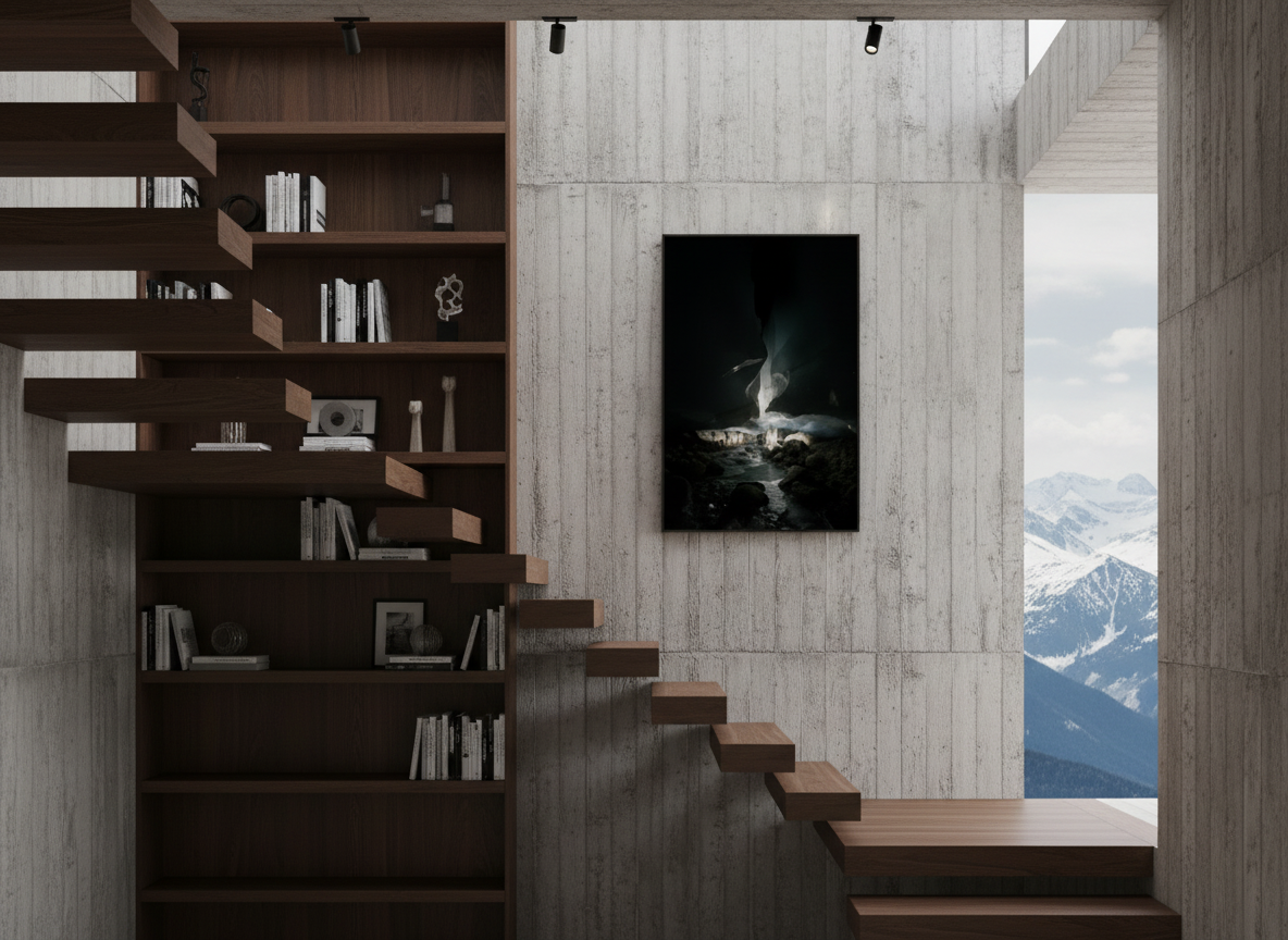 60 x 90 cm, verre acrylique 2mm sur cadre aluminum black 25 mm Rencontre mystique Zinal, 2024