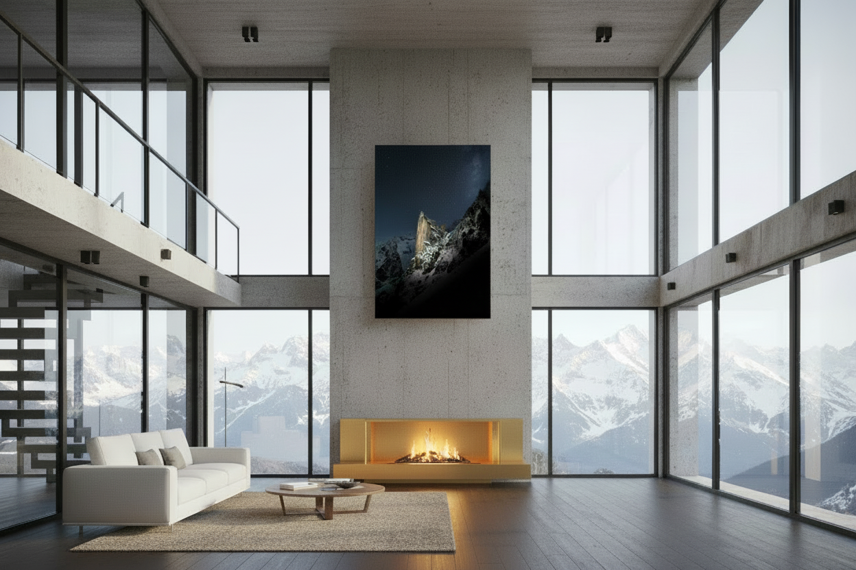 80 x 120 cm, verre acrylique 2mm sur cadre aluminum black 25 mm Voie lactée sur le Massif du Portalet, 2025