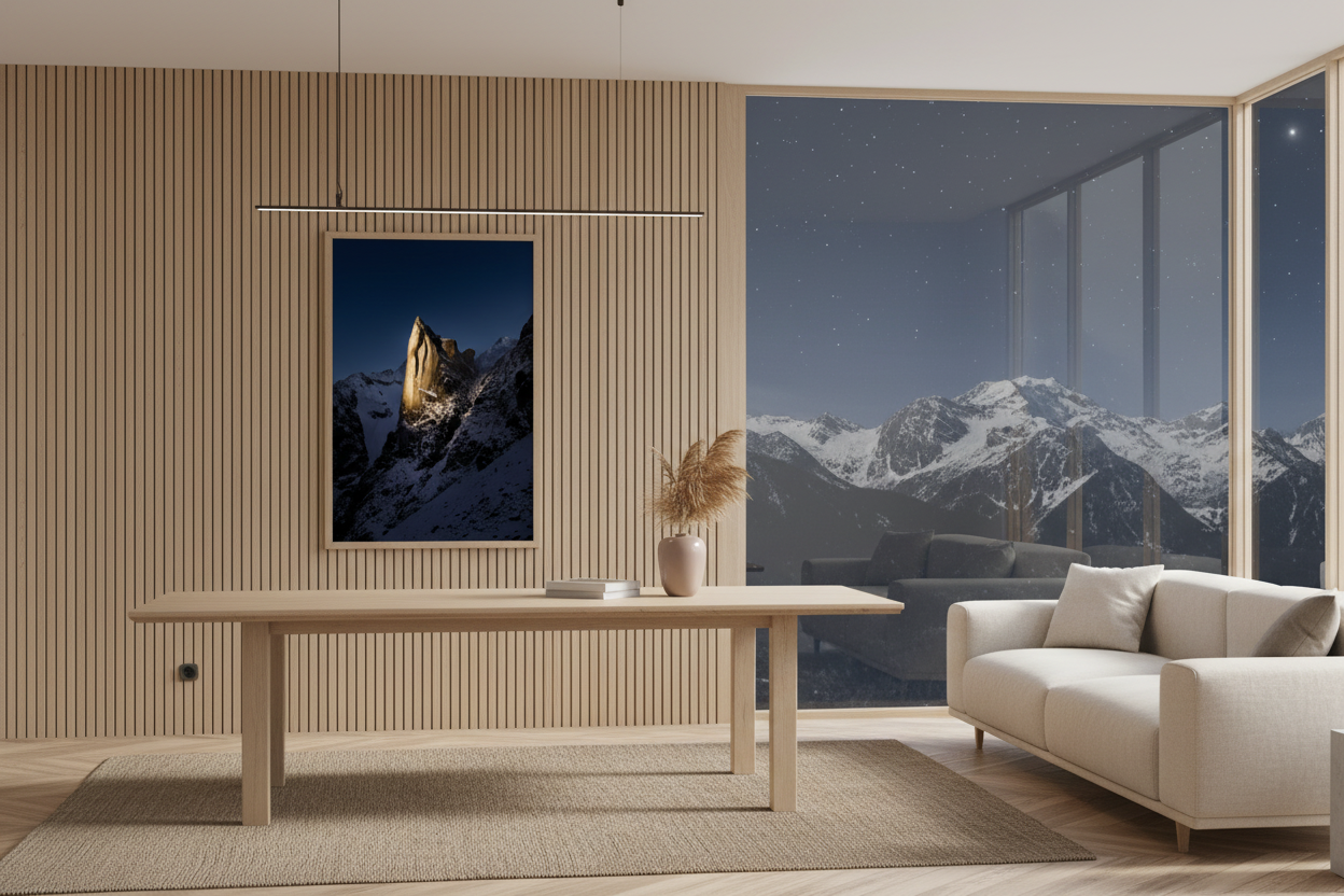 80 x 120 cm, verre acrylique 2mm sur cadre aluminum black 25 mm Clocher du Portalet sur fond bleu, 2025