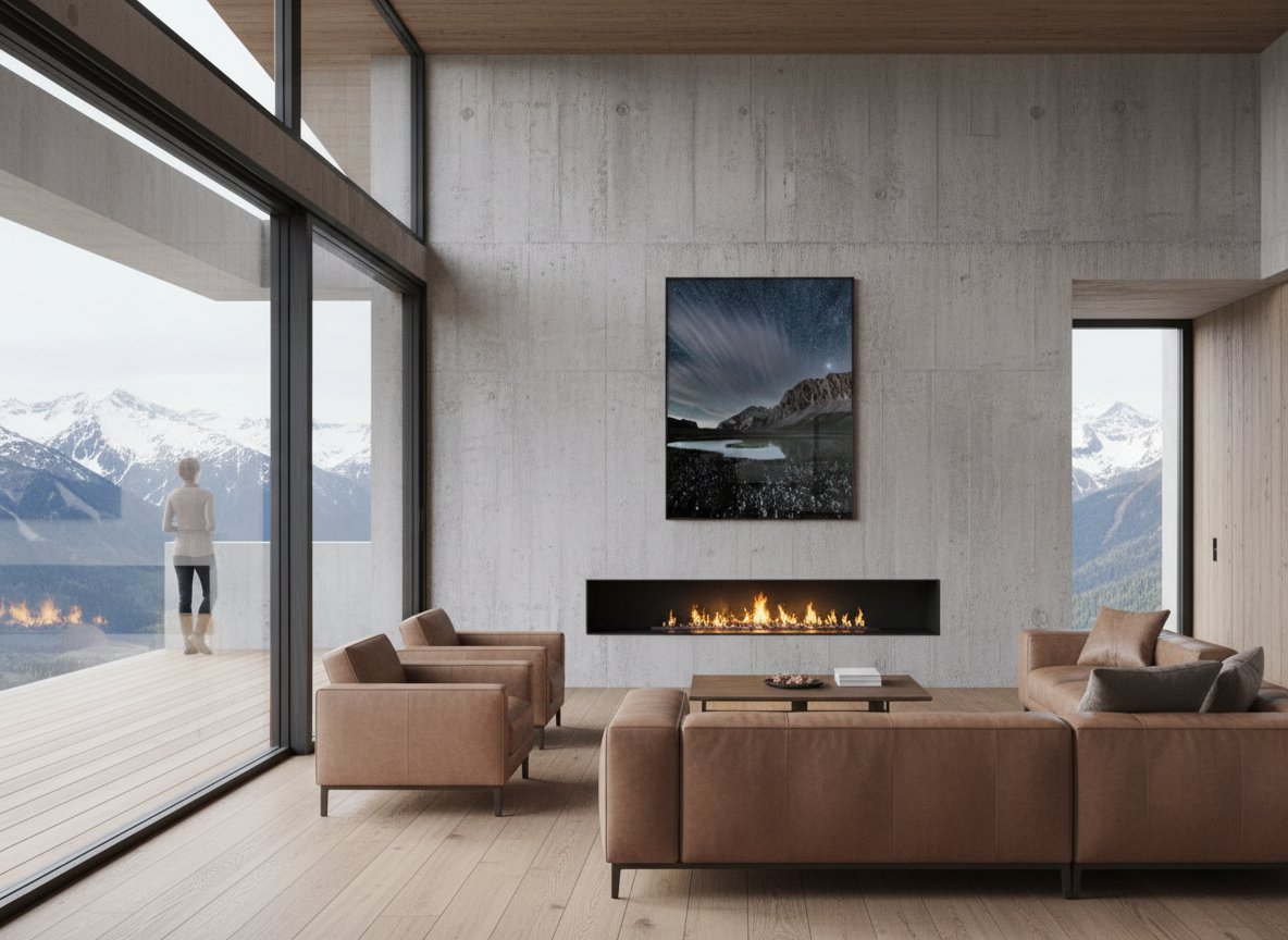 100 x 150 cm, verre acrylique 2mm sur cadre aluminum black 25 mm Constellation d’étoiles sur un tapis de porte-laines Col de Sanetsch, 2025