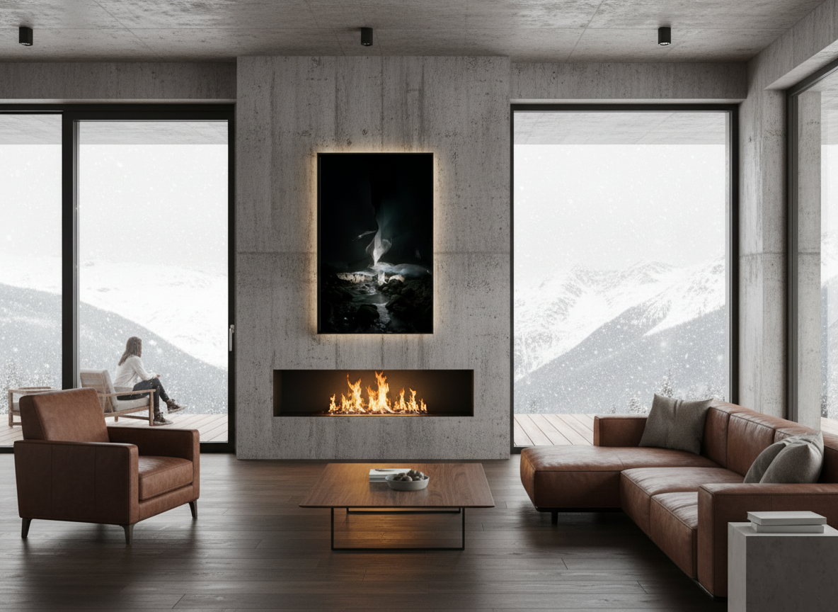 80 x 120 cm, verre acrylique 2mm sur cadre aluminum black 25 mm Rencontre mystique Zinal, 2024