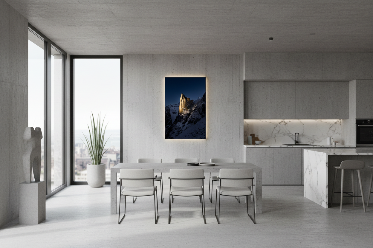 60 x 90 cm, verre acrylique 2mm sur cadre aluminum black 25 mm Clocher du Portalet sur fond bleu, 2025