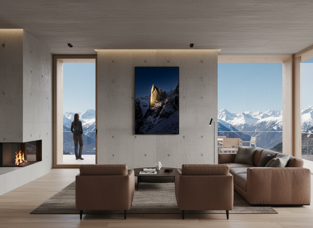 100 x 150 cm, verre acrylique 2mm sur cadre aluminum black 25 mm Clocher du Portalet sur fond bleu, 2025